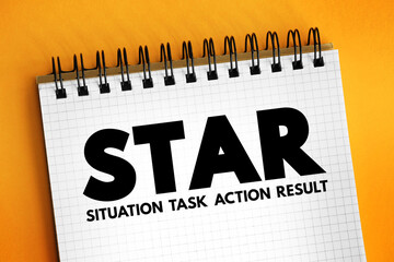 STAR acronym (Situation, Task, Action, Result) format is a technique used by interviewers to gather all the relevant information, concept on notepad