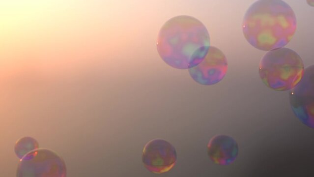 Soap bubbles floating away. Beautiful mellow background with flying colorful soap bubbles. 3d render animation.