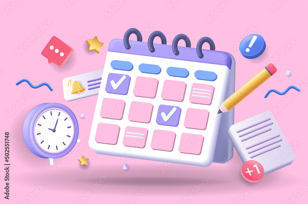 Aufkleber Calendar concept 3D illustration. Icon composition with calendar with scheduled dates and appointments, clock, to-do list with tasks, reminders and messages. Vector illustration for modern web design