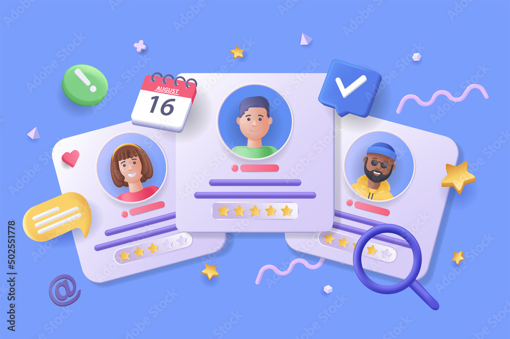 Poster candidate for job concept 3d illustration. icon composition with different cvs of job seekers, sched