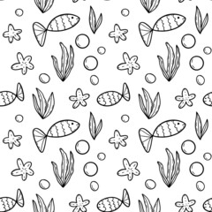 Marine little fish blak ink outline in doodle style seamless pattern.