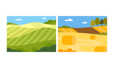 Country View with Sown Field and Pasture Land as Green Landscape Vector Illustration Set
