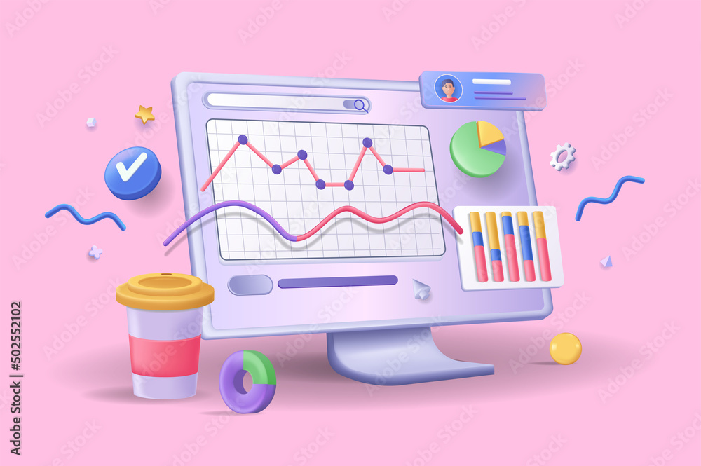 Fototapete online marketing concept 3d illustration. icon composition with computer display with charts, graphs