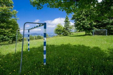 Fototapeta na wymiar football pitch in a green grass park in the middle of nature. wooded area. playground. recreational area. leisure activities with children. copy of space.