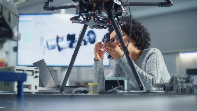 Concentrated Female Black Engineer Writing Code while Develop Drone at Research Center Laboratory. Breakthrough in Drone Design Concept. Portrait View