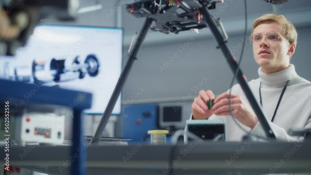 Aufkleber young male engineer programming at laptop while work on a new drone at research center laboratory. p