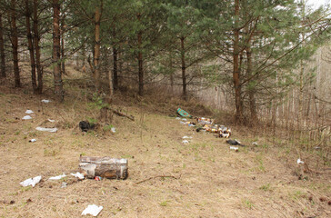 Garbage in the forest, environmental damage