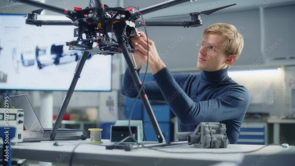 Aufkleber Electronics Male Engineer Works with Drone and Put Microchip at it. Concept of Computer Science Research Laboratory with Working Specialist. Portrait View