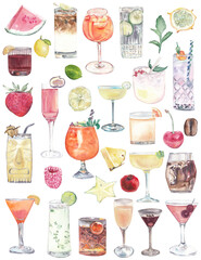 Cocktails and ingredients illustrations. Different cocktails and food isolated on white. Watercolor clipart. Set of drinks. - obrazy, fototapety, plakaty