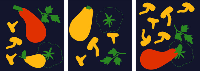Cute appetizing Vegetables collection. Decorative abstract horizontal banner with colorful doodles. Hand-drawn modern illustrations with Vegetables, abstract elements. Abstract pumpkin, mushrooms