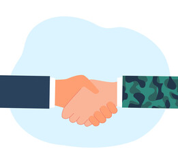 Military officer and civilian shaking hands. Successful negotiations, making peace flat vector illustration. Communication concept for banner, website design or landing web page