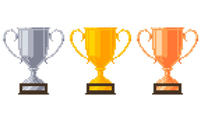 Pixel trophy cups on a wooden stand with name plates. Golden, silver and bronze goblets. Vector illustration.