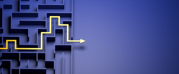 Concept - solving a complex problem. Blue maze and floor with yellow solution path with arrow. Banner size. - obrazy, fototapety, plakaty