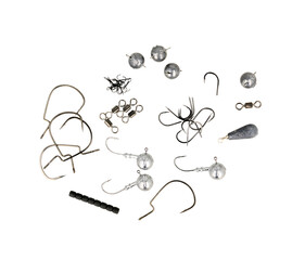 Fishing accessories on a white background. Weights, hooks, jig heads etc. Wędkarskie akcesoria na...