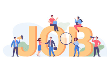 Tiny business people around huge job word. Company persons searching for human resources with skills, people looking for career flat vector illustration. Job search, employment, freelance, HR concept