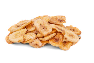 A bunch of dried banana chips, isolated on a white background