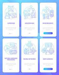 Artificial intelligence system blue gradient onboarding mobile app screen set. Walkthrough 3 steps graphic pages with linear concepts. UI, UX, GUI template. Myriad Pro-Bold, Regular fonts used