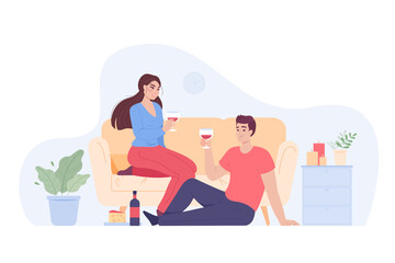 Couple having date at home while drinking wine or champagne. Woman sitting on couch and man sitting on floor flat vector illustration. Love, romance relationship, anniversary concept for banner