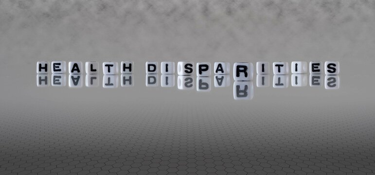health disparities word or concept represented by black and white letter cubes on a grey horizon background stretching to infinity