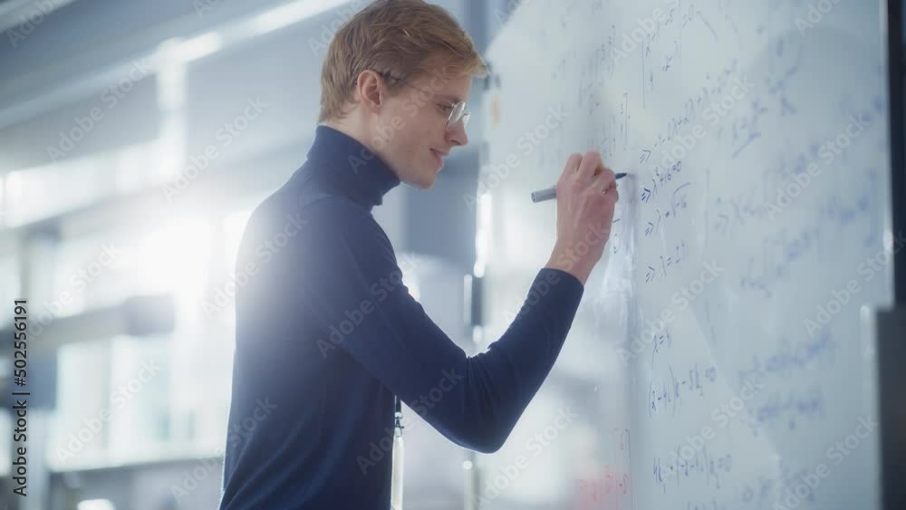 Poster education, learning, mathematics concept: young male specialist write formulas and solving problems 