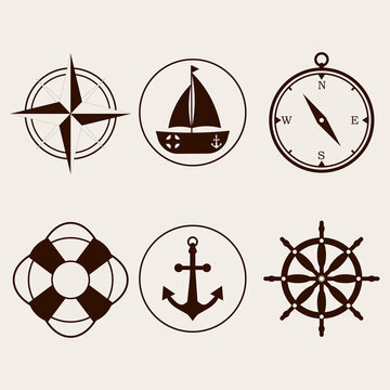 Set of marine icons isolated on light brown background