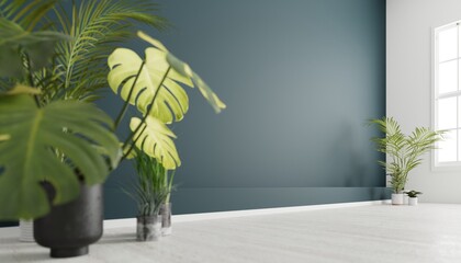 green empty wall with plants on the floor 3d render