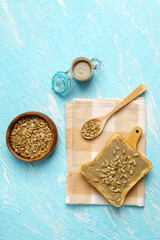 Organic butter from sunflower seeds with wheat bread. Vertical photo