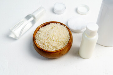 Rice skin care product and eco friendly accessories. Fermented beauty care trend. Flat lay
