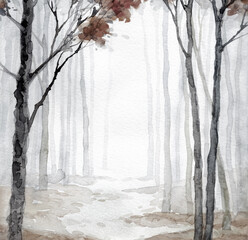 Trees in the winter forest. Watercolor landscape