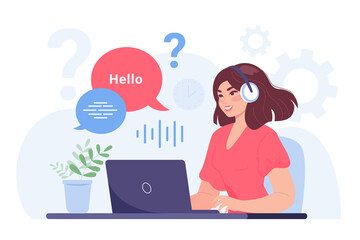 Fototapeta na wymiar Female customer service worker in headphone in front of laptop. Call operator talking to client flat vector illustration. Customer support, communication concept for banner or landing web page