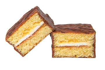 Biscuit cake with cream filling glazed chocolate isolated on the white