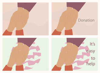 Set of four posters on theme charity. Flat illustration with handshake with four hands with titles about donations.