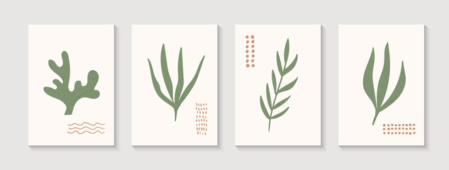 Minimalist abstract natural hand drawn vector posters. Contemporary wall art pictures with plants. Modern art