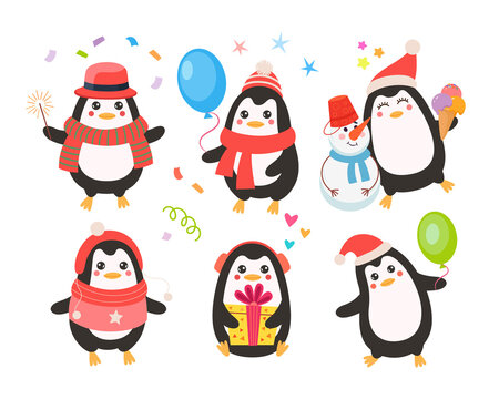 Comic penguin celebrating Christmas vector illustrations set. Cute wild bird cartoon character in scarf with balloons, confetti, gift isolated on white background. Winter holidays, decoration concept