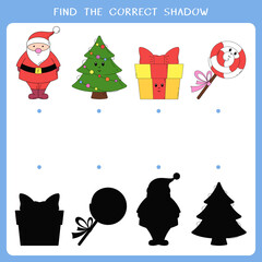 Obraz na płótnie Canvas Find the correct shadow for Christmas symbols. Vector worksheet of simple educational game for kids