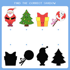 Find the correct shadow for Christmas symbols. Vector worksheet of simple educational game for kids