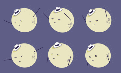 Cute falling moon characters emoji set in hat 