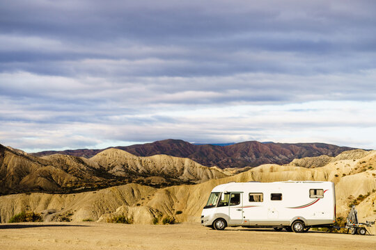 Camper vehiclein Tabernas desert, Spain