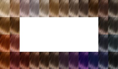 Hair dye shades. Hair color palette with a wide range of swatches showing color swatches arranged in neat rows on a postcard. Printing. A set of hair dyes. Various colors.