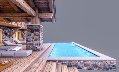 3d rendering of modern cozy chalet with pool and parking for sale or rent. Massive timber beams columns. In the evening. Isolated on gray
