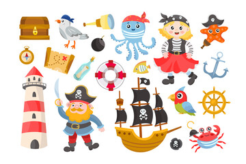 Different pirate elements for kids flat vector illustrations set. Cartoon ship captain, female character, treasure map and chest, cute, crab, underwater animals, anchor, lighthouse. Adventure concept