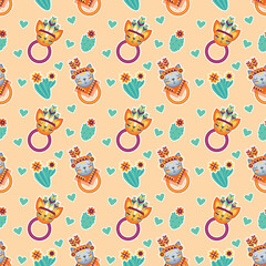 Seamless pattern in bohemian ethnic style with beanbag toys on a orange background. Vector ornament in American Indian style.