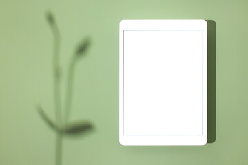 Ipad mock up and plant in hipster style on green background. Copy space. Mock up template. Business communication. Isolated object. Spring decoration.