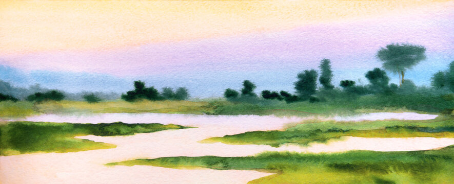 Watercolor landscape. Sunset on the lake