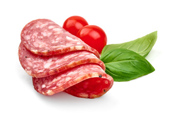 Sliced salami smoked sausage, Traditional dry-cured Milano salami, close-up, isolated on white background.