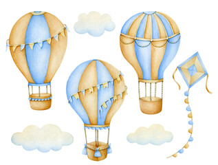 Watercolor set with hot air balloons.  For poster design, prints, fabric or background
