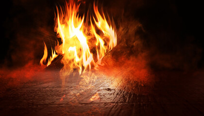 Dark abstract fire background. Flames in close-up on the background of a concrete surface. 3d illustration