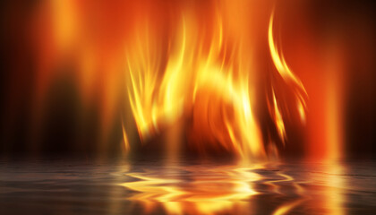 The dark abstract background of fire is reflected on the water surface. Flames on a dark background. 3d illustration