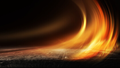 Dark abstract background with fire. The wooden table top is on fire. Blurred flames, sparks. 3d illustration