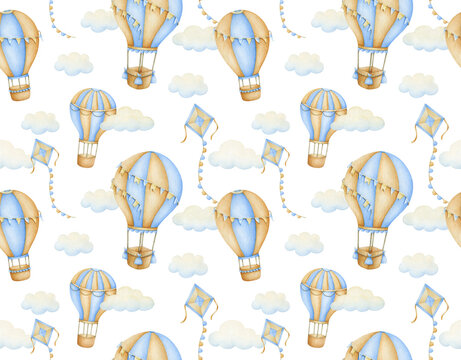 Watercolor seamless pattern with hot air balloons and clouds. Hand painted sky illustration with aerostate. For poster design, prints, fabric or background